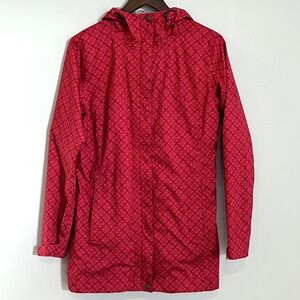 Columbia Omni-Tech Rain Jacket Womens Medium Red Geometric Hooded Coat